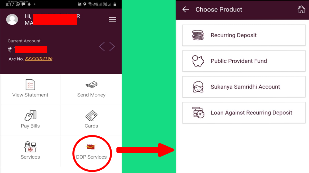 DOP Services in india post payments bank app